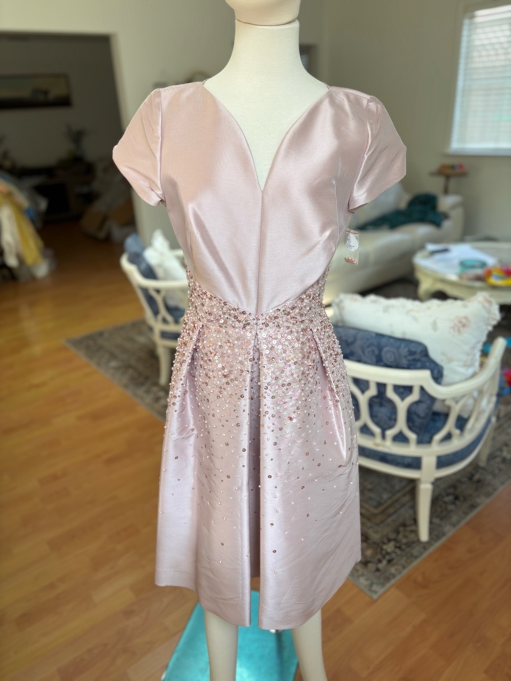 Elegant Pink Beaded Satin A-Line Dress